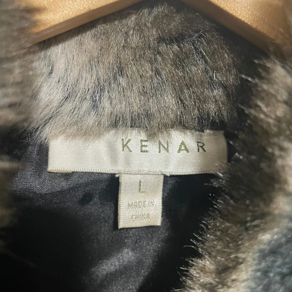 Kenar Womens Faux Fur Vest Large Brown Grey Cashmere Blend Sleeveless Jacket